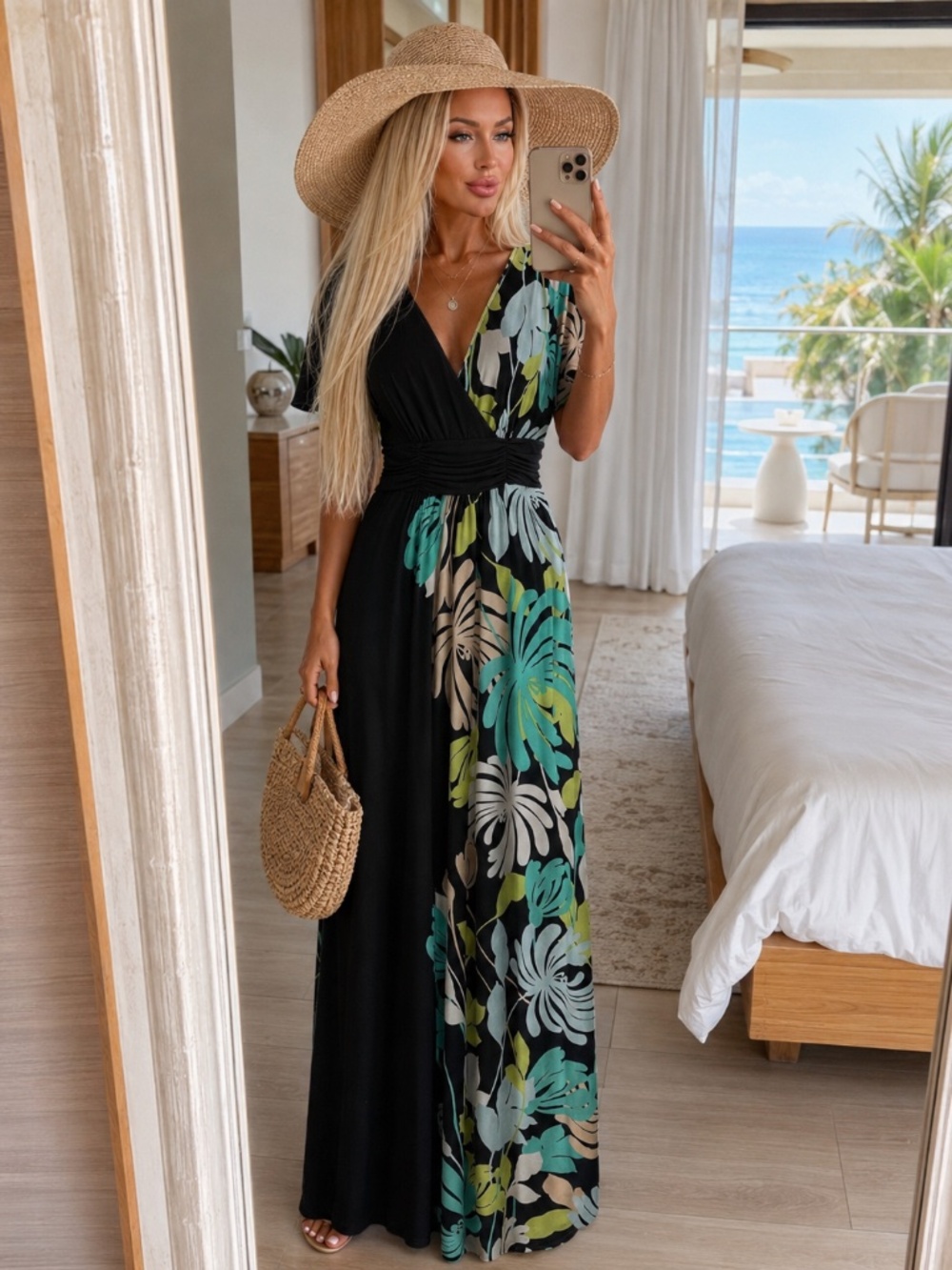 Maggy L  Black Floral Maxi Dress Ruched Waist Surplice V Neck Flutter Sleeves 8